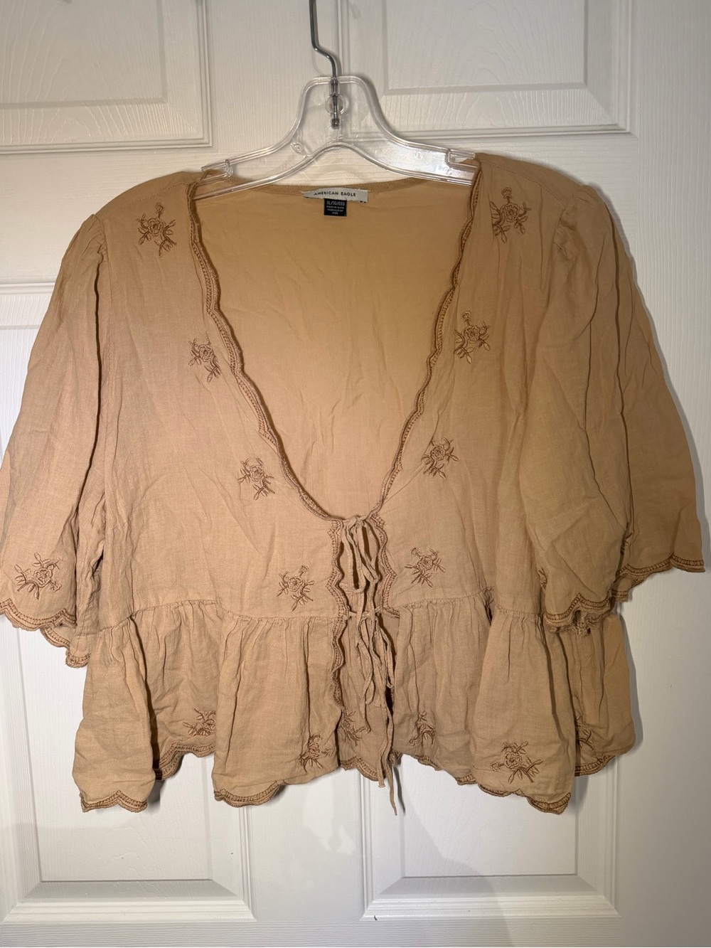 American Eagle Outfitters Tan Embroidered Tie-Front Peplum Crop Top - Picture 2 of 3